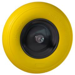 Kruiwagenwiel met gele foamband en metalen velg (aslengte 13 cm)